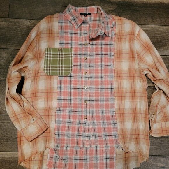 Papermoon Patchwork Oversized Plaid Flannel Button Down Top.  Size Small.  23" A - Picture 3 of 6